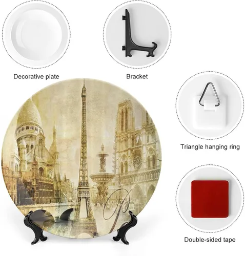 Miniatura 3 de Platos de cerámica, Platos de cerámica decorativos de París, paisaje antiguo, torre Eiffel Francia, lugares de interés, 6 pulgadas, para comedor