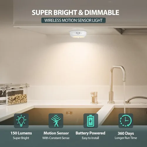Miniatura 2 de Reoshine - Luz de sensor de movimiento para interiores, funciona con pilas AA, iluminación debajo del gabinete, luces LED adhesivas magnéticas