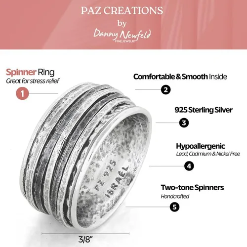 Miniatura 3 de Paz Creations - Anillos giratorios de plata de ley 925 para mujeres y hombres, anillo de meditación de banda gruesa con patrón martillado, joyería