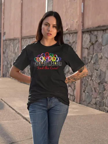 Miniatura 4 de Camiseta con cintas de concientización sobre el cáncer con texto en inglés They All Matter Find The Cure