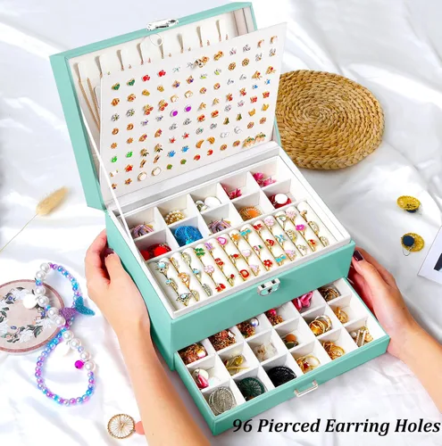 Miniatura 132 de Joyero de pendientes para mujeres y niñas, organizador de aretes de 5 capas, caja organizadora de joyas blanca con candado, collares y aretes