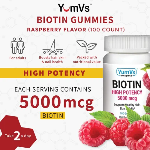 Miniatura 2 de YUM-V's Gomitas de biotina – Vitaminas de biotina de alta potencia 5,000 mcg – Vitaminas naturales para el cabello sabor frambuesa – Gomitas Kosher
