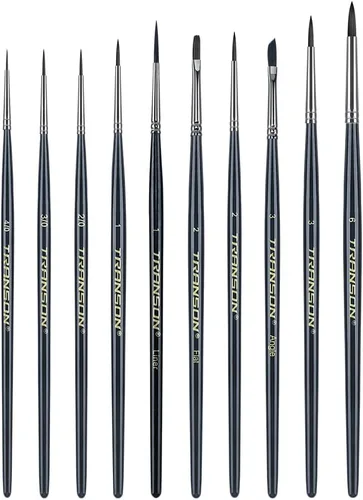 Transon Juego de 10 pinceles pequeños para pintar detalles de miniaturas y modelos en acrílico, acuarela, gouache, tinta, témpera y pintura corporal