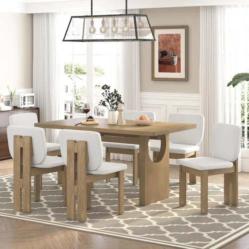 Merax Juego de mesa de comedor de madera para 6, mesa rectangular/sillas tapizadas/diseño geométrico retro, ideal para comedor y cocina, natural