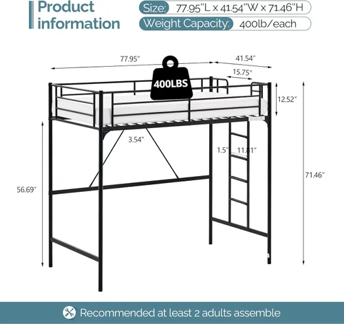 Miniatura 8 de VINGLI Cama Loft de 71 Pulgadas de Alto Tamaño Twin con Escalera de Peldaños Planos para Niños Adolescentes Adultos Cama Litera Individual de Metal