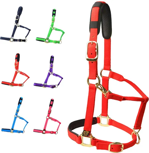 T TEKE Cabestros ajustables para caballos de nailon suave resistente, acolchados con neopreno gofre antiroces tanto en corona como en nariz Rojo