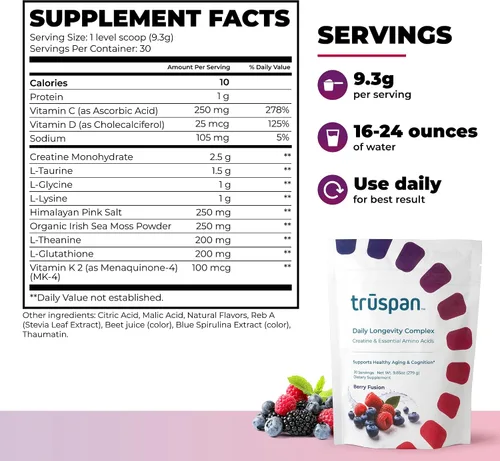 Miniatura 3 de TruSpan - Polvo de creatina con aminoácidos y vitaminas, complejo de longevidad diaria, sin azúcar, 0.09 oz de monohidrato de creatina, recuperación