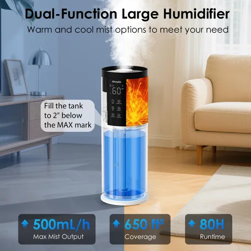 Miniatura 3 de Humidifiers for Bedroom - GloryAir 2.11Gal (8L) Quiet Top Fill Cool & Warm Mist Humidifier Large Room 650 ft² with Humidistat, diffuser, Auto Mode