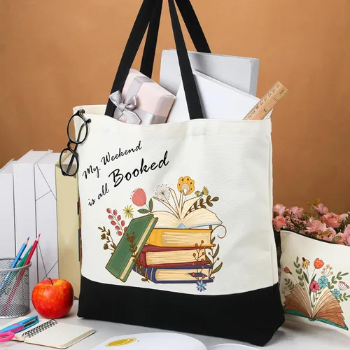 Miniatura 3 de Cunno Juego de 2 bolsas de lona con bolsa de maquillaje, bolsas estéticas para amantes de los libros para regalo de agradecimiento al profesor