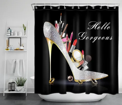 Miniatura 2 de EOBTAIN Cortina de ducha de tacón alto con diamantes de maquillaje Hello Gorgeous Lipstick Bling Fashion Shoes Sexy Girls Fancy Beautiful Lady