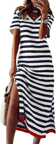 Dokotoo Vestido de verano casual para mujer, de manga corta, vestido largo tipo camiseta, a rayas, largo con bloques de color, vestido maxi