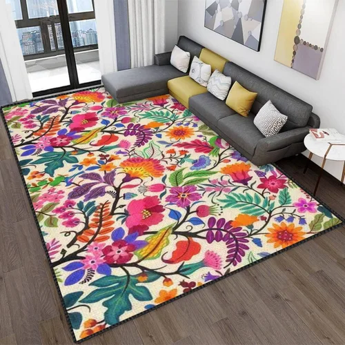 Alfombras de área sin costuras florales con flores de colores brillantes y hojas tropicales en una alfombra de área moderna, alfombra abstracta
