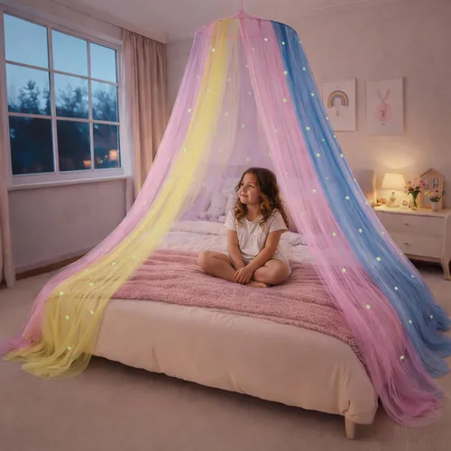 Miniatura 15 de Dosel de Cama Azul, Dosel de Cama Azul con Estrellas que Brillan en la Oscuridad para Niñas, Niños, Niñas y Bebés, Red para Cubrir la Cuna, Niño