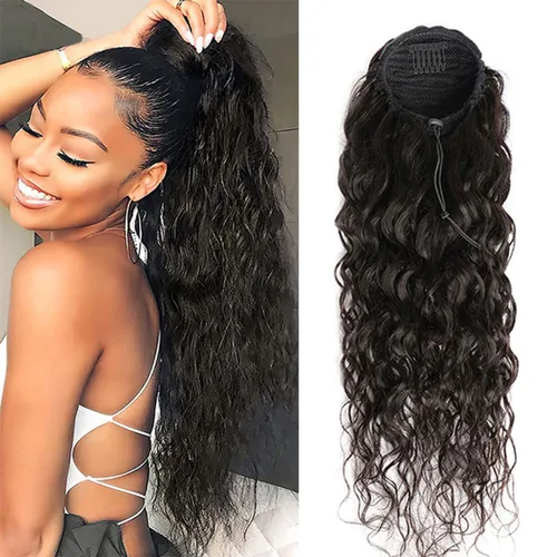 Miniatura 10 de Extensión de cola de caballo con cordón, cabello humano afro rizado para mujeres negras, extensiones de cabello virgen brasileño Remy Yaki