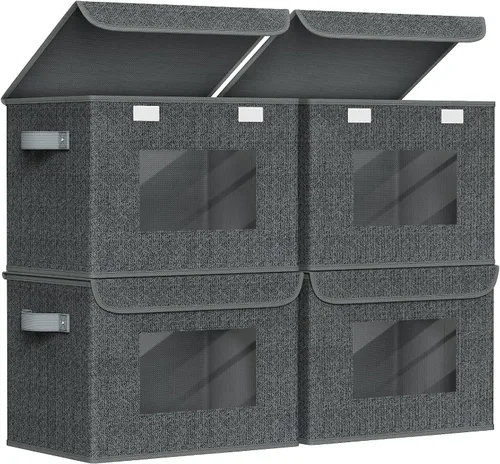 Miniatura 23 de Univivi Cajas de almacenamiento plegables de tela con tapas para ropa, [paquete de 3] cajas organizadoras de armario con asas para el hogar, Beige