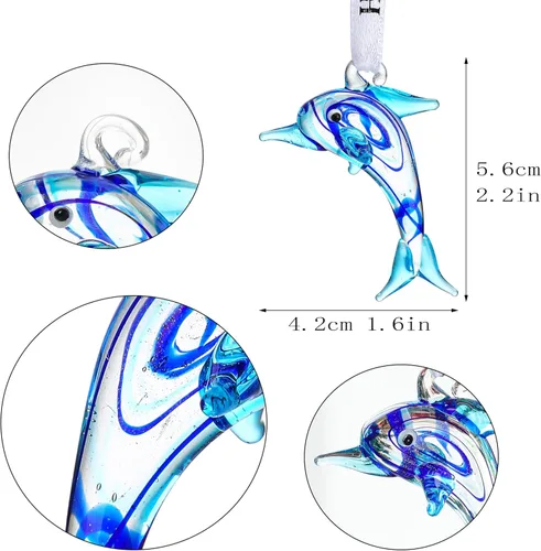 Adorno de delfín de cristal de 2 pulgadas para árbol de Navidad, decorativo colgante de vidrio soplado, mini figura de delfín azul