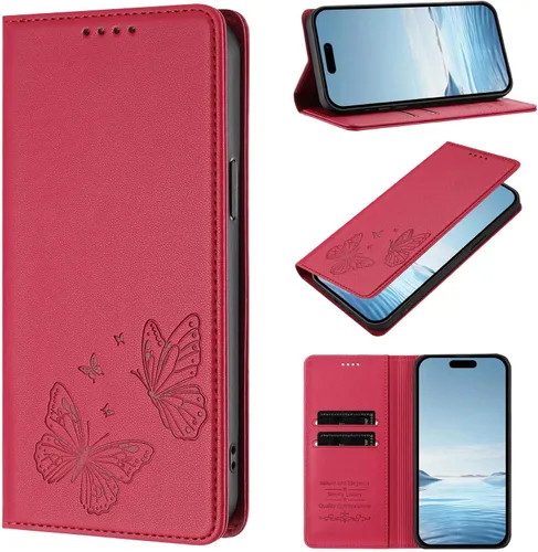 Butterfly Embossed Leather Wallet Flip Case for Motorola Moto E22i 4G, Magnetic Closure, RFID Blocking Cover, Card Holder Red.