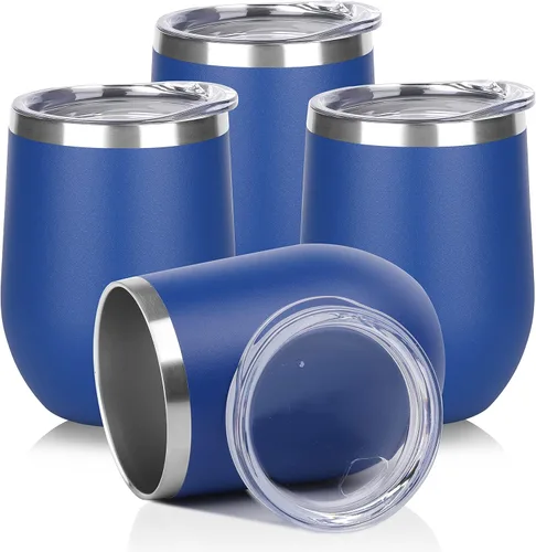 DOMICARE - Juego de 4 vasos de vino de 12 onzas con tapa, hechos de acero inoxidable con aislamiento al vacío de doble pared, color azul oscuro