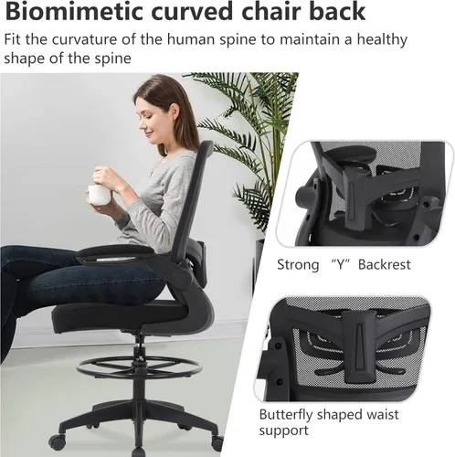 Miniatura 4 de PayLessHere Silla ergonómica de dibujo, silla de oficina alta ajustable con soporte lumbar, respaldo de malla, brazos abatibles para oficina, Negro