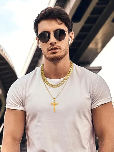 Miniatura 2 de U7 Colgante de cruz de crucifijo para hombre con cadena de bautismo, joyería cristiana, acero inoxidable, oro de 18 quilates, collar antiguo