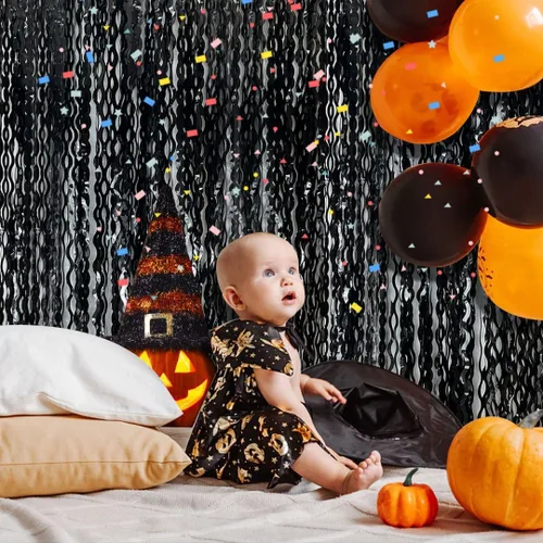 Miniatura 5 de Telón de fondo negro para decoraciones de fiesta, cortina de flecos de papel de aluminio ondulado, telón de fondo de fotos, cortina de oropel