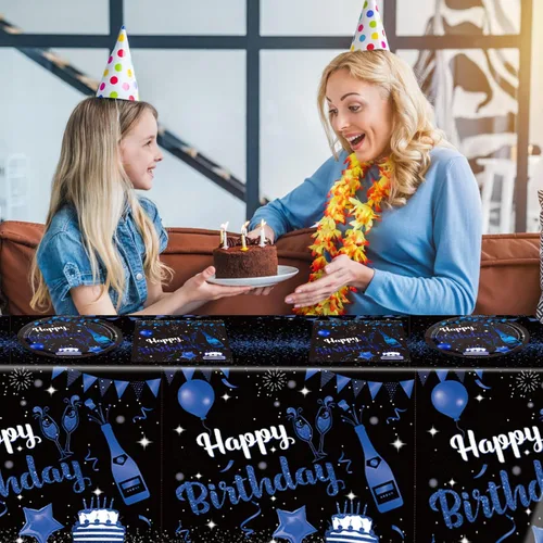 Miniatura 7 de Juego de 41 piezas de vajilla de decoración de fiesta de cumpleaños azul marino y negro, incluye platos, servilletas, mantel para hombres y mujeres
