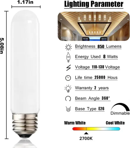 Miniatura 2 de XININSUN Bombilla LED T10 esmerilada, bombillas LED esmeriladas T10 regulables, bombillas de tubo LED de 8 W, equivalente a 60-75 vatios, 2700 K
