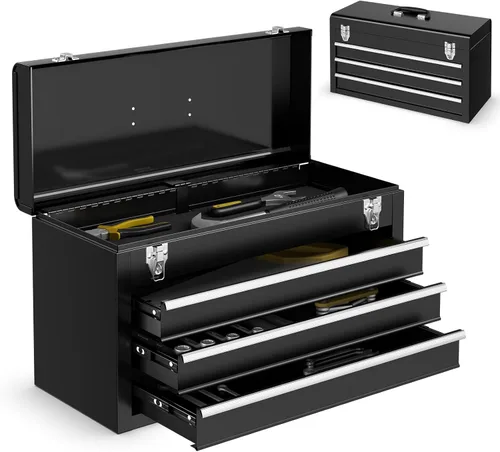 Caja de herramientas de metal, caja de herramientas de 3 cajones con asa de transporte, 2 pestillos y forro, caja de almacenamiento portátil para
