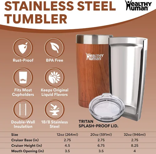 Miniatura 2 de Healthy Human Vaso de acero inoxidable con popote y tapa, taza de viaje aislada a prueba de salpicaduras, vasos de café ecológicos, tazas de agua
