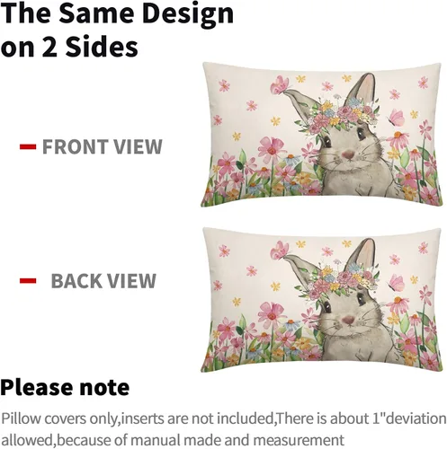 Miniatura 5 de Juego de 2 fundas de almohada de primavera de 12 x 20 pulgadas, diseño floral de conejo, conejo, floral, decorativas, lumbar, para sofá o cama