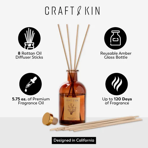 Miniatura 4 de Craft & Kin Difusor de Varillas Oud Wood Aceite Esencial Completamente Natural y 8 Varillas Aromáticas de Ratán Difusores de Varillas