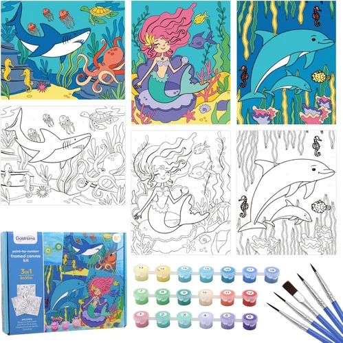 Miniatura 7 de goldentime Paquete de 3 Kits de Pintura por Números para Niños, Pintura en Lienzo Predibujado, Incluye Lienzo Enmarcado de 8 x 10 Pulgadas con 18