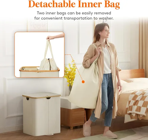 Miniatura 4 de Lifewit Cesto de Ropa Sucia Doble de 120L con Tapa, Cesto Grande Dual para Ropa Sucia con Bolsas Removibles, 2 Secciones Cestos Estéticos para Ropa