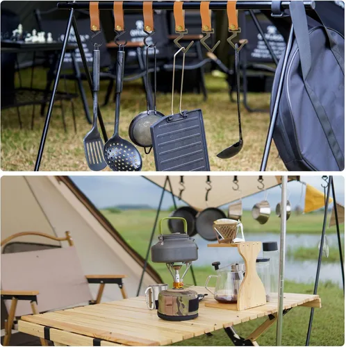 Miniatura 6 de uxcell Ganchos en S de cuero, 8 ganchos para campamento, multiusos, en forma de S, para picnic al aire libre, ollas, sartenes, utensilios, beige