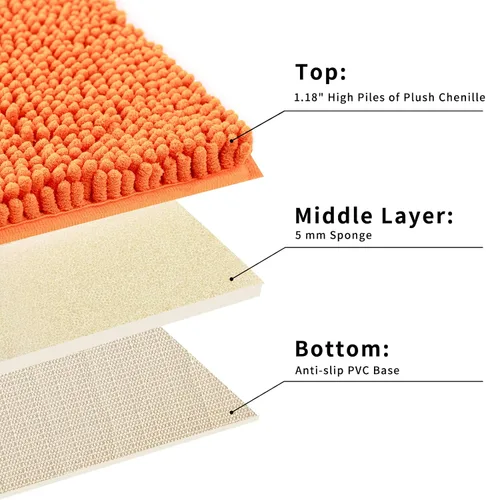 Miniatura 4 de Alfombra de baño de felpilla, extra suave y absorbente, alfombra de baño lanuda antideslizante, lavable a máquina, 20 x 32 pulgadas, color naranja