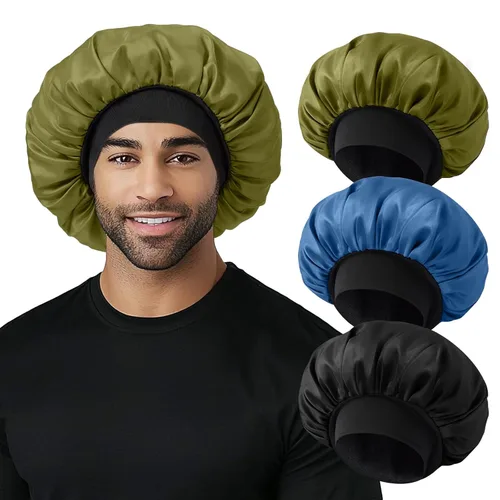 Miniatura 11 de Gorro para hombre, gorro de doble capa para dormir, gorro de dormir ajustable con banda elástica, gorros de satén de seda para trenzas de cabello
