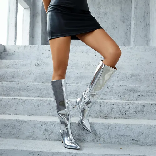 Miniatura 54 de wetkiss Botas altas hasta la rodilla para mujer, con tacón de gatito y diseño de punta puntiaguda, clásicas y sexys