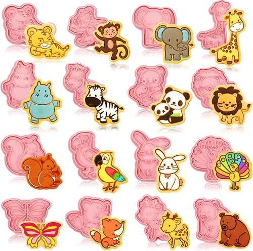 Hoolerry Juego de 16 cortadores de galletas de animales con émbolo en forma de animal en 3D, moldes para hornear galletas en relieve para galletas y