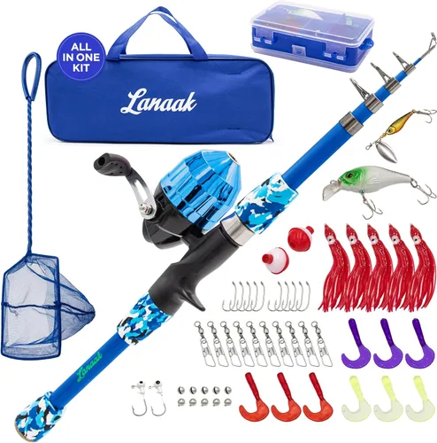 Miniatura 14 de Lanaak Caña de Pescar para Niños, Juego de Caña de Pescar Telescópica Portátil para Niños, Kit Combo de Caja de Aparejos y Red de Pesca, Equipo