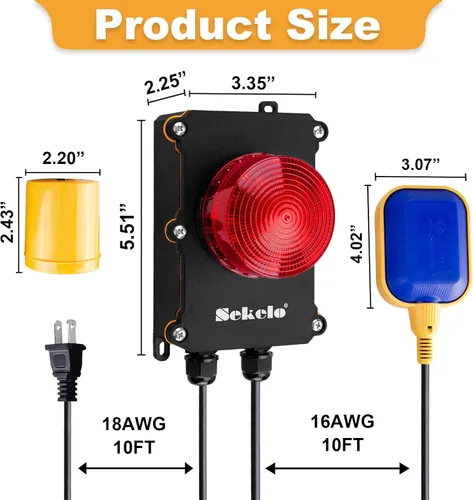 Miniatura 6 de Alarma de bomba de sumidero, alarma de agua alta Sekelo con interruptor de flotador de nivel de 10 pies, alarma fuerte de 110 dB e indicador LED