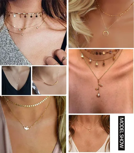 Miniatura 2 de Honsny 20 collares de gargantilla en capas para mujer colgante de barra de monedas de oro y plata collar multicapa lindo collar de perlas de luna