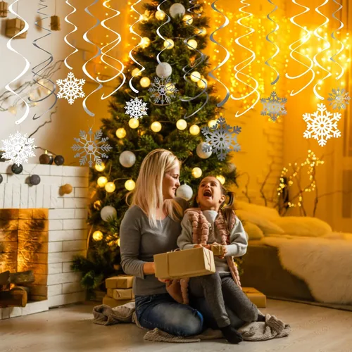Miniatura 5 de Decoración de remolino colgante de copo de nieve de Navidad de 42 quilates, serpentinas de plástico para decoración colgante de techo, guirnalda