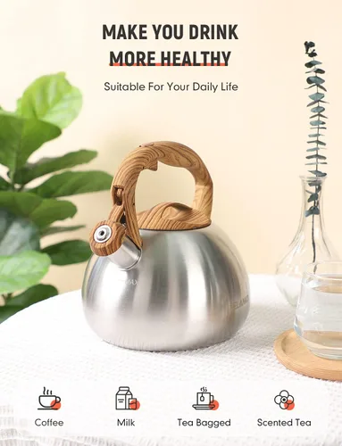 Miniatura 2 de BELANKO Hervidor de té de 2.7 cuartos de galón para estufas, tetera de acero inoxidable de grado alimenticio con silbato fuerte, mango de madera