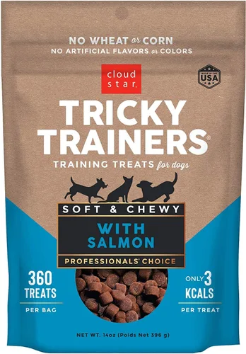 Miniatura 2 de Cloud Star Tricky Trainers - Golosinas de entrenamiento suaves y masticables para perro, bajas en calorías. Salmón de 14 onzas, con 10 toallitas