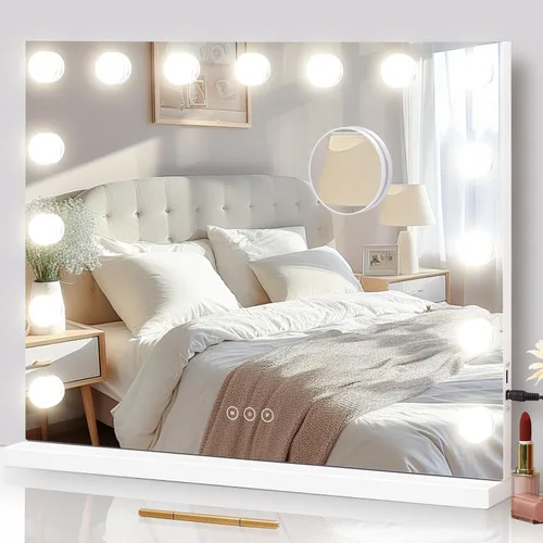 Miniatura 14 de Espejo de tocador con luces, espejo de maquillaje iluminado con bombillas LED regulables, 3 modos de iluminación de color, puerto de carga USB, Negro