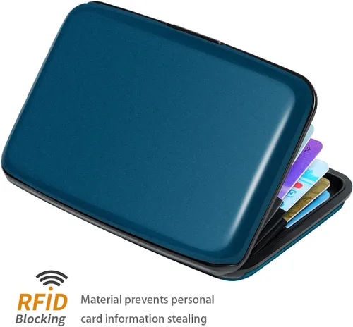 Miniatura 3 de Portatarjetas de crédito con bloqueo RFID, mini tarjetero delgado de aluminio duro para hombres o mujeres, Azul marino