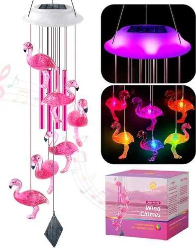 Campanillas de viento solares de flamenco, regalos de flamenco para mujeres/mamá/ella, campanillas de viento LED brillantes que cambian de color
