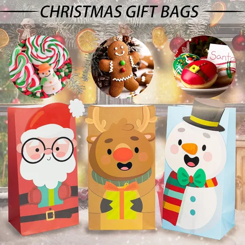 Miniatura 5 de Uptotop - Paquete de 24 bolsas navideñas 2D con 6 diseños diferentes con temáticas festivas para guardar dulces y regalos