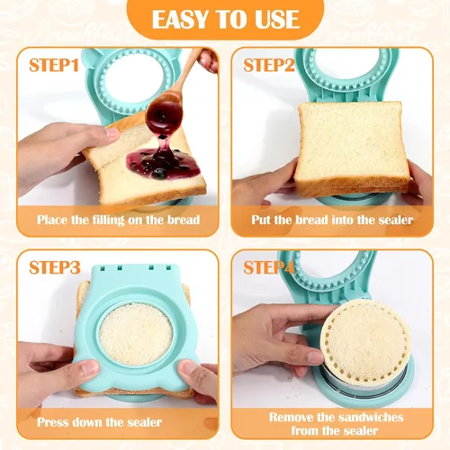 Miniatura 7 de Vodolo Máquina de sándwiches, 2 cortadores de sándwiches para el almuerzo de niños, juego de cortador y sellador de sándwiches de desayuno sin Azul