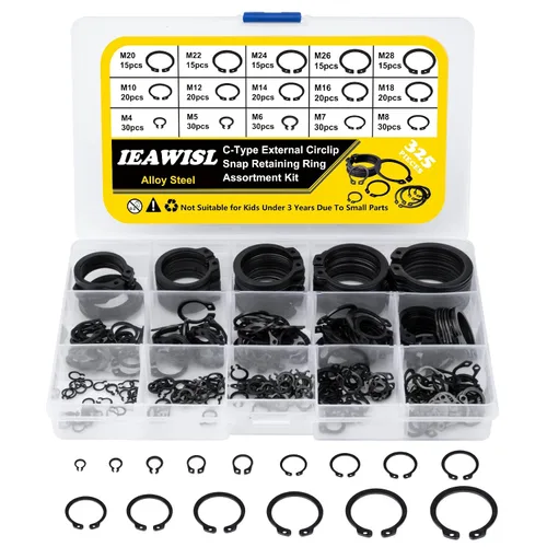 Juego de anillos de presión, 325 piezas de anillos de retención externos de acero aleado, 15 tamaños de clips en C, juego de clips circulares para